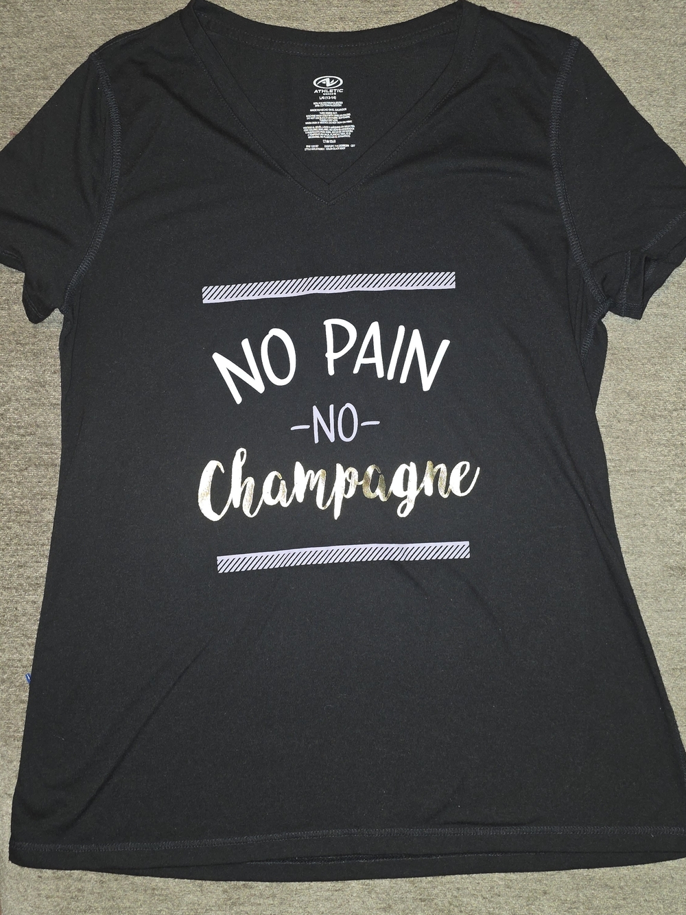 Athletic Works Black V-Neck Tee with No Pain No Champagne Script Large